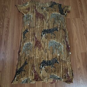 Animal Safari Zebra Giraffe Elephant Print Midi Shift Dress Short Sleeve Size XL